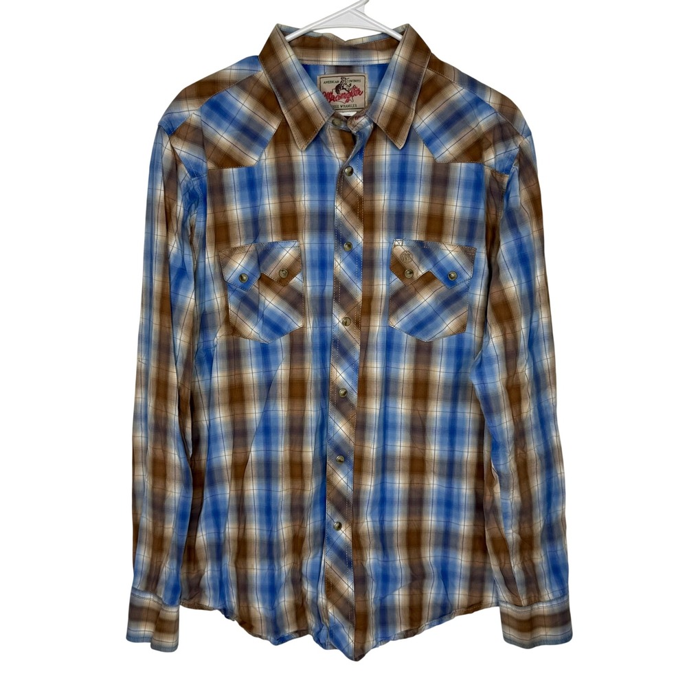 Wrangler American Cowboys Mens Blue Brown Plaid Western Pearl Snap Shirt XL